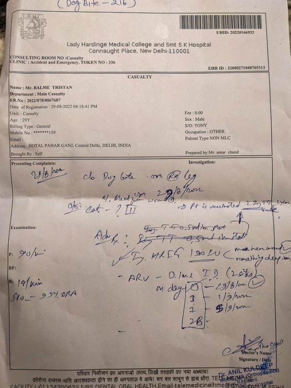 Tristan Balme rx doctors note for rabies treatment in india