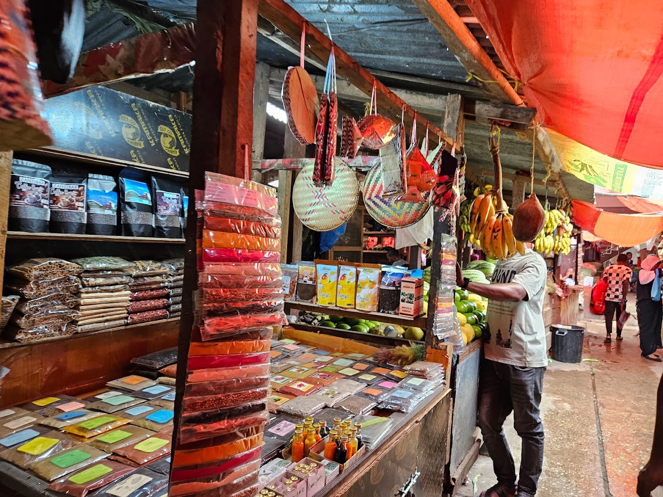 Produce stalls inside Darajani Market in Zanzibar