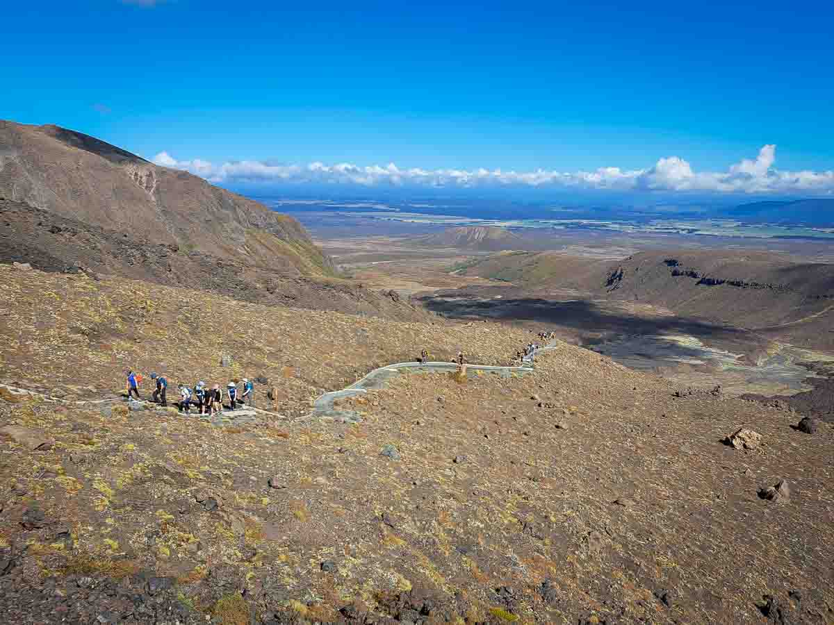 A line of hikers climbing the Tongariro Alpine Crossing above South Crater