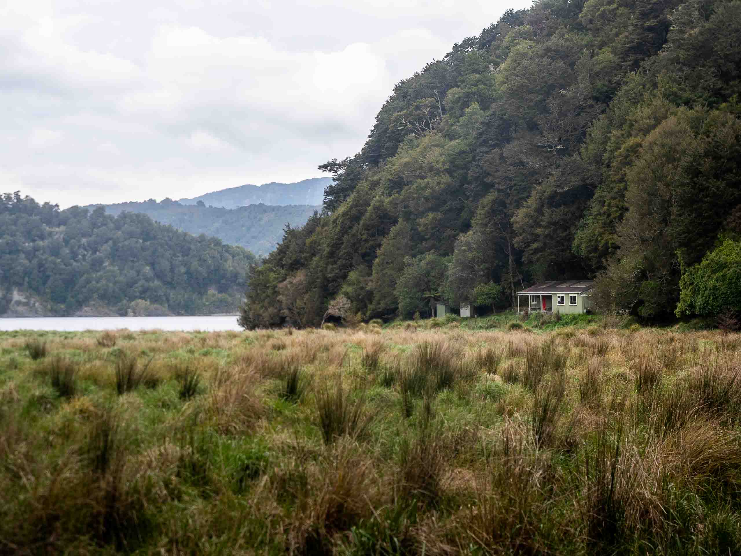 A basic hut sitting alone beside Lake Waikaremoana and wetland