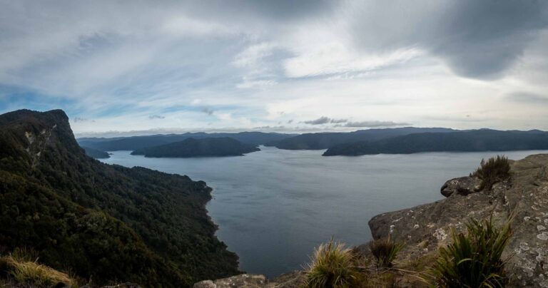 Lake Waikaremoana seen from Panekire Bluff beneath heavy clouds