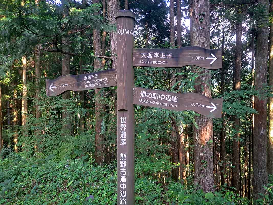 Wooden Kumano Kodo trail signpost between Takijiri-oji and Chikatsuyu on the Nakahechi route