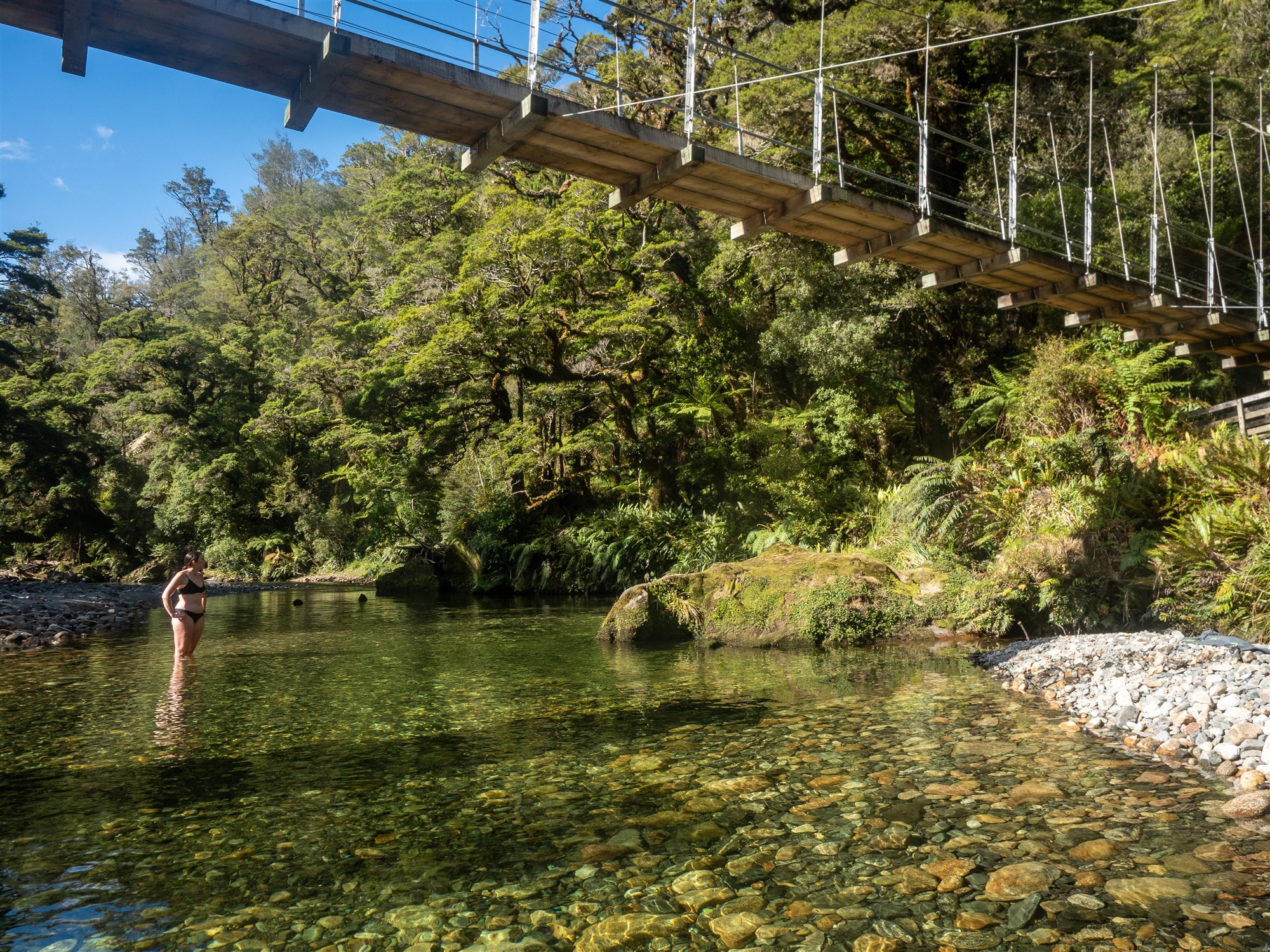 Swimming beneath a swing bridge on the final day of the Paparoa Track